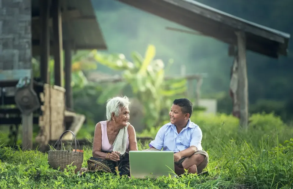 grandmother, kids, laptop, myanmar