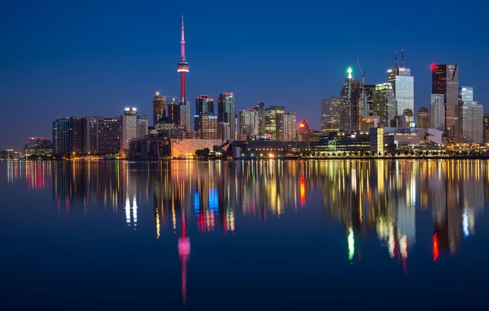 buildings, cn tower, river, waterfront